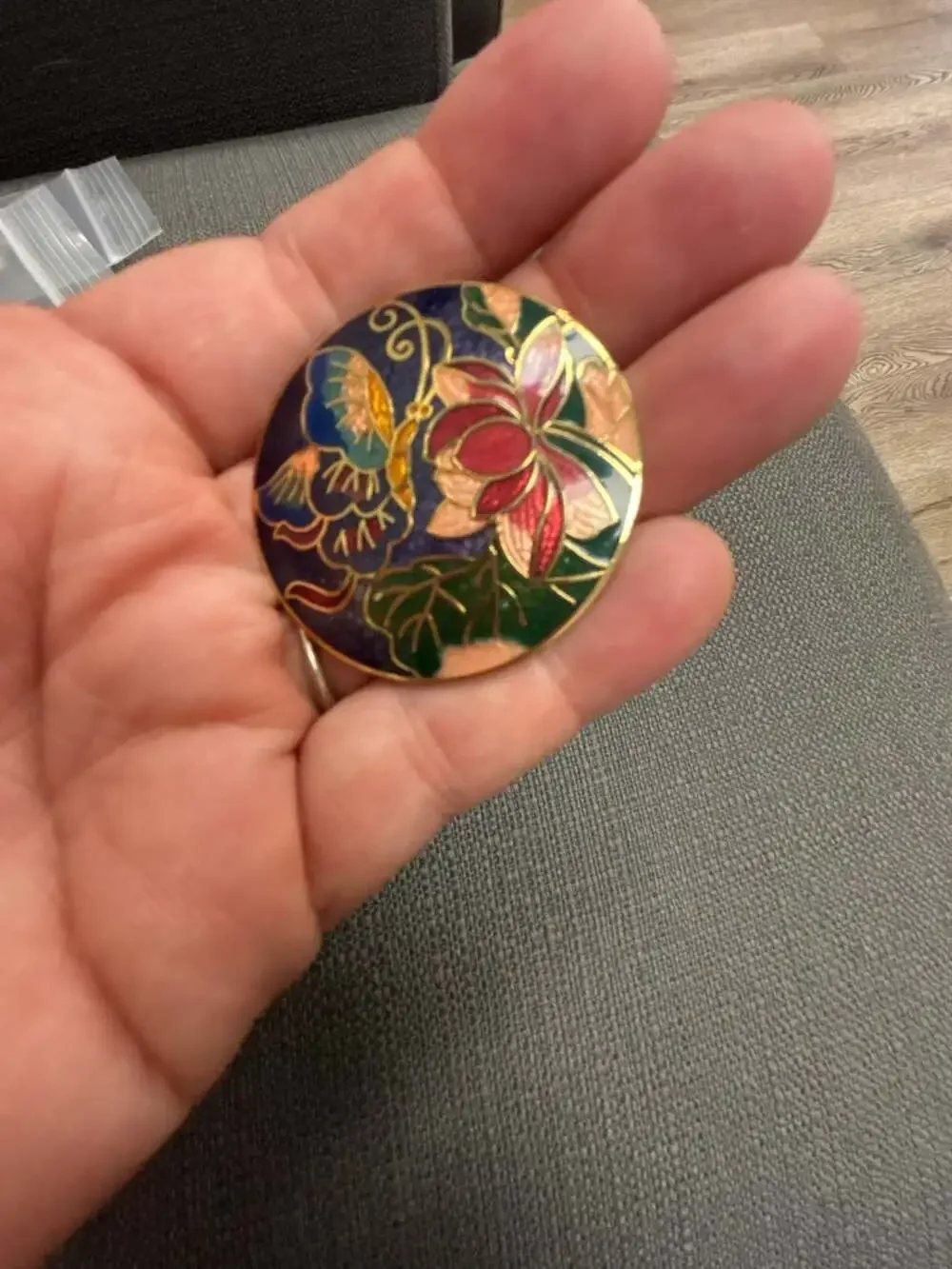 Vintage Round Cloisonne Butterfly and Floral Enamel Brooch Pin